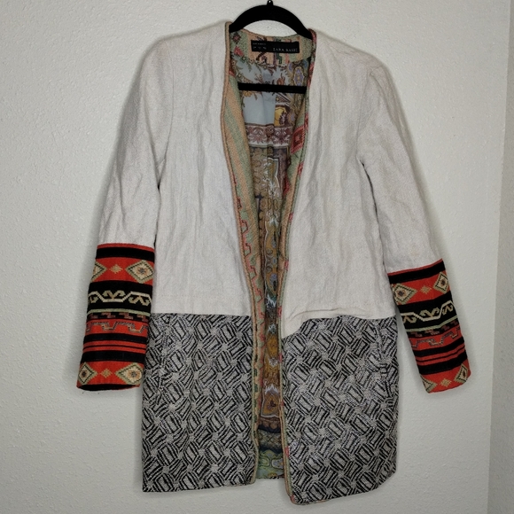 Zara Linen Blend Embroidered Boho Southwestern Long Jacket Women's Size Small